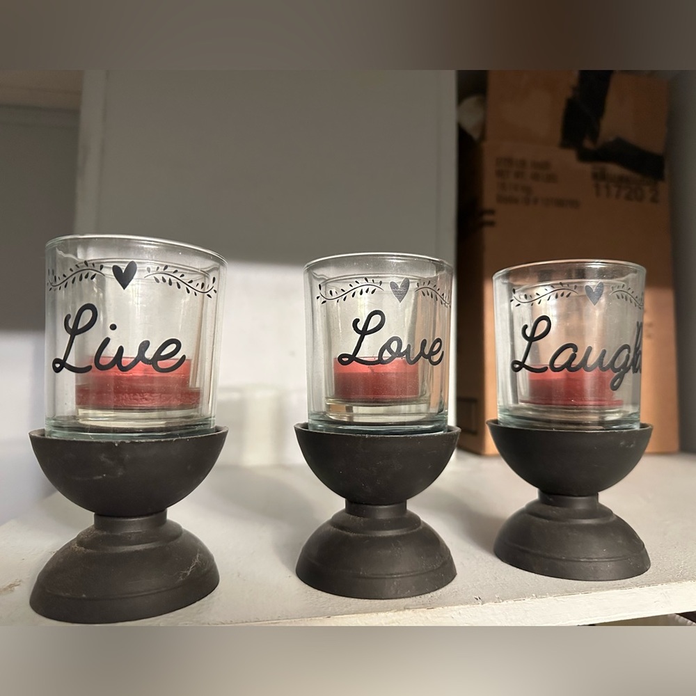 3 piece candle set. “Live. Laugh. Love.” Holds tealights perfectly.